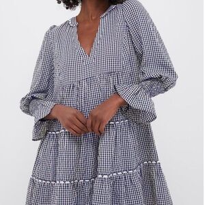 Pomander Place navy and cream Gingham Long Sleeve Dress